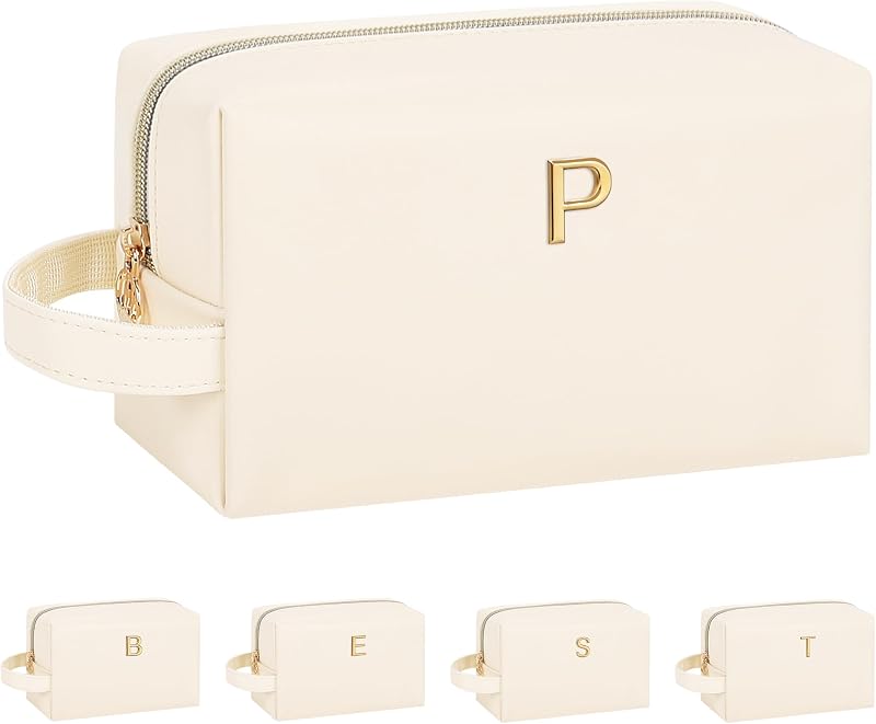 Necessaire de maquiagem onemoky com inicial metálica, bege, zíper