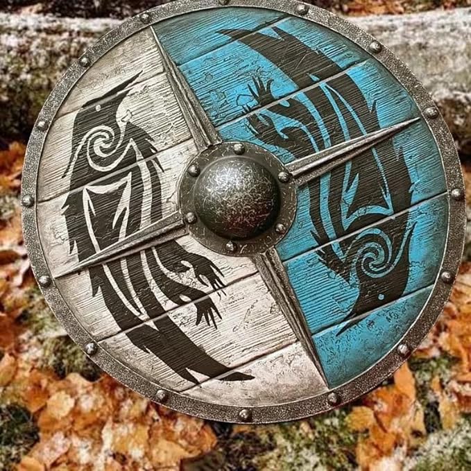 Handgemachter 24-Zoll-Hölzerner Eivor Valhalla Rabenschirm - Norwegischer Wikinger Wanddekoration Sturmschild - Wikinger Schwert und Schild, Mittelalterliche Kriegsspiele Zubehör