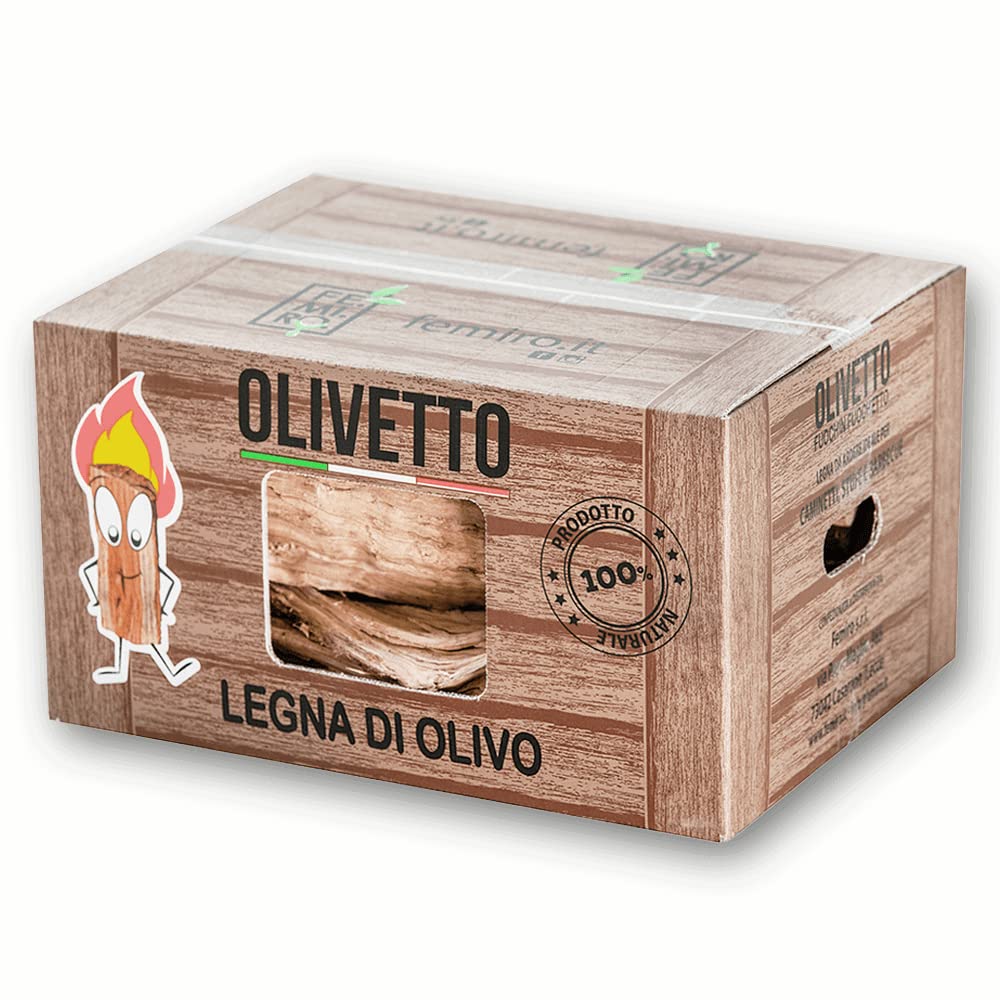 FE.MI.RO - 9 Scatole di Legna da Ardere di Ulivo da 10 kg per Camino, Stufa + 1 Scatola Legnetti Accendifuoco in Omaggio + Barretta Accendifuoco Naturale - Legna per Camino Pulita e Pronta all’Uso