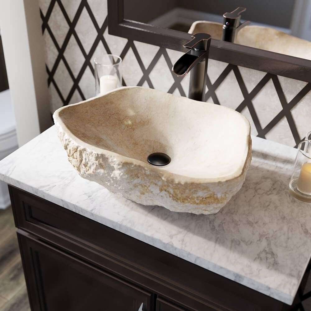 Uр Tо 40% оƒƒ MR Direct 870-731-ABR Beige Stone Vessel Sink in Galaga Marble with Faucet and Pop-Up Drain in Antique Bronze, 731