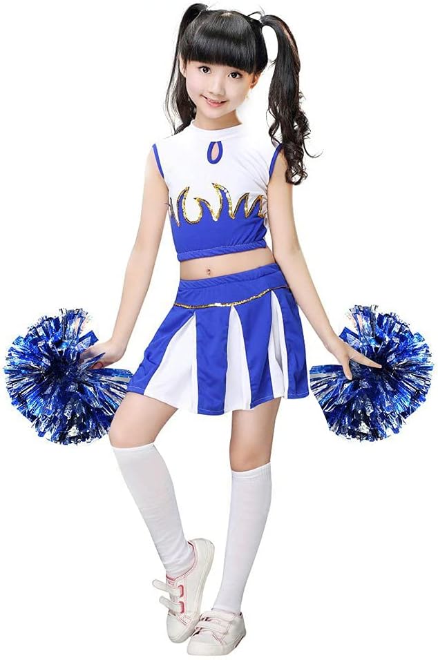 Halloween Cheerleader Costume for Girls, Toddler Cheer Outfits, 2 Match Pompoms, for 2-13 Years Baby Girl Youth Girl