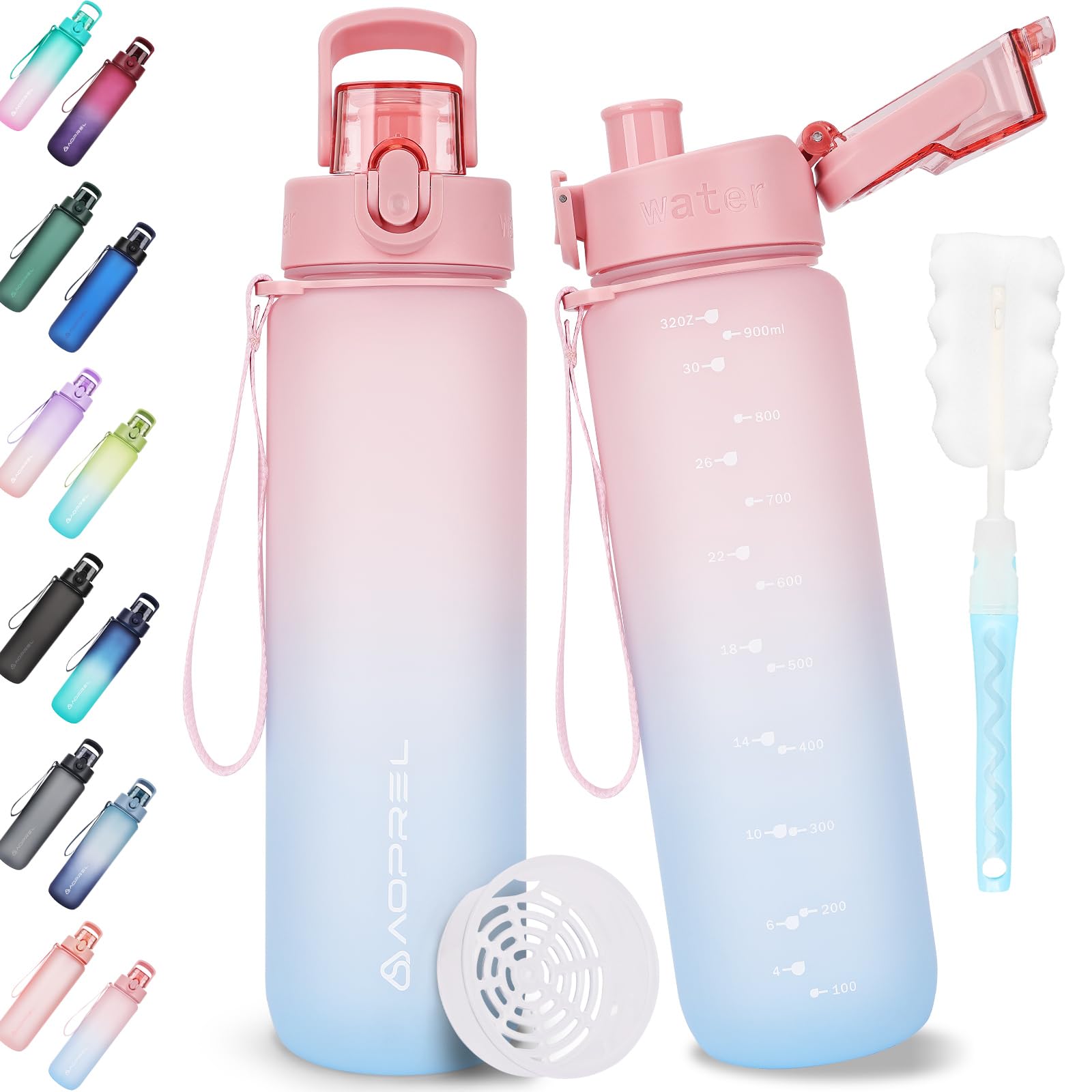 AOPREL Trinkflasche 1l, Trinkflasche Sport Tritan & BPA-Frei Wasserflasche Mit Filter und Bürste, Auslaufsicher Sportflasche Für Fitness, Wandern, Camping, Schule und Büro