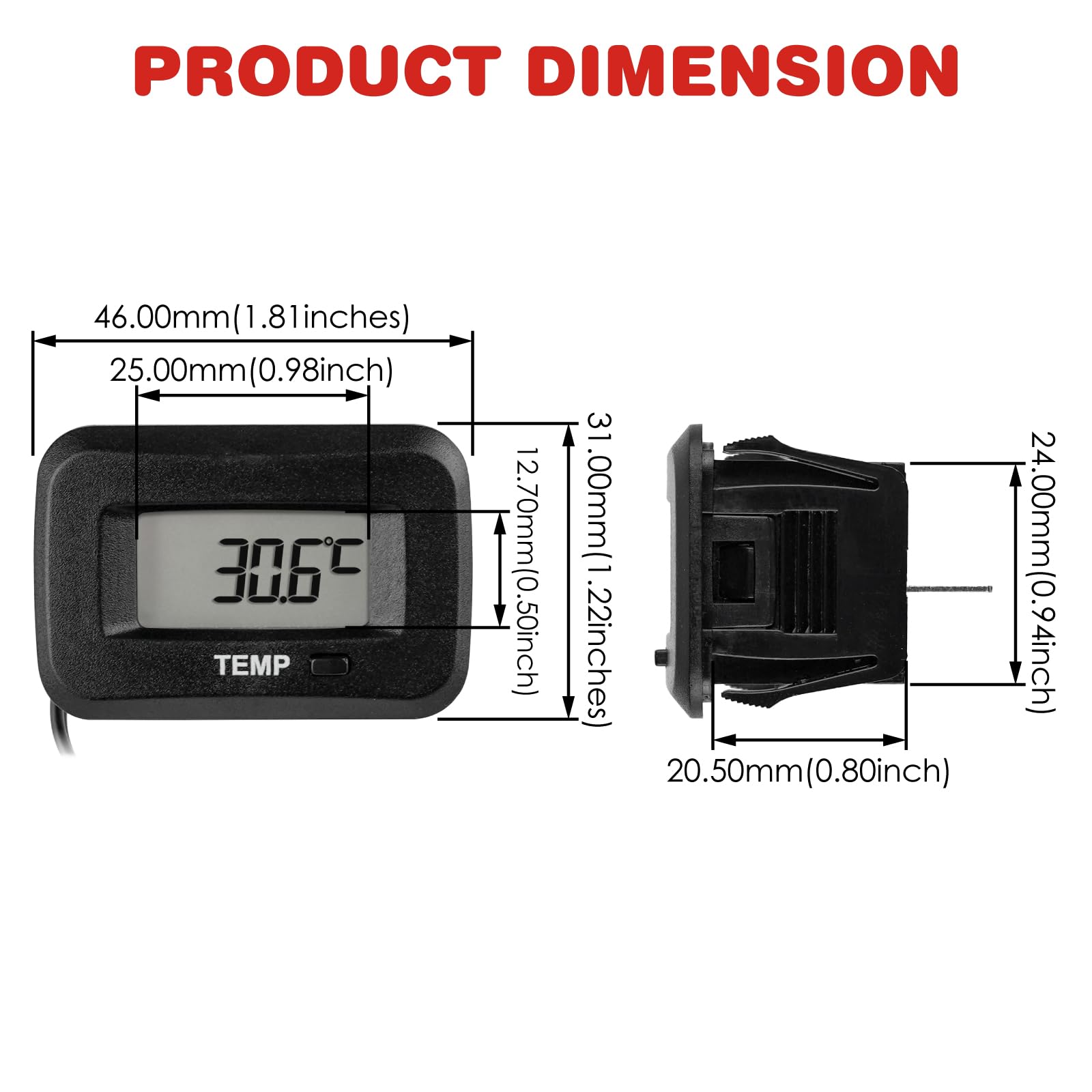 TM006 cyfrowy termometr czarny, 46 x 37 x 31 (mm), wyświetlacz LCD, maksymalna temperatura, przypomnienie o temperaturze, używany do motocykli, traktorów, pojazdów terenowych, łodzi