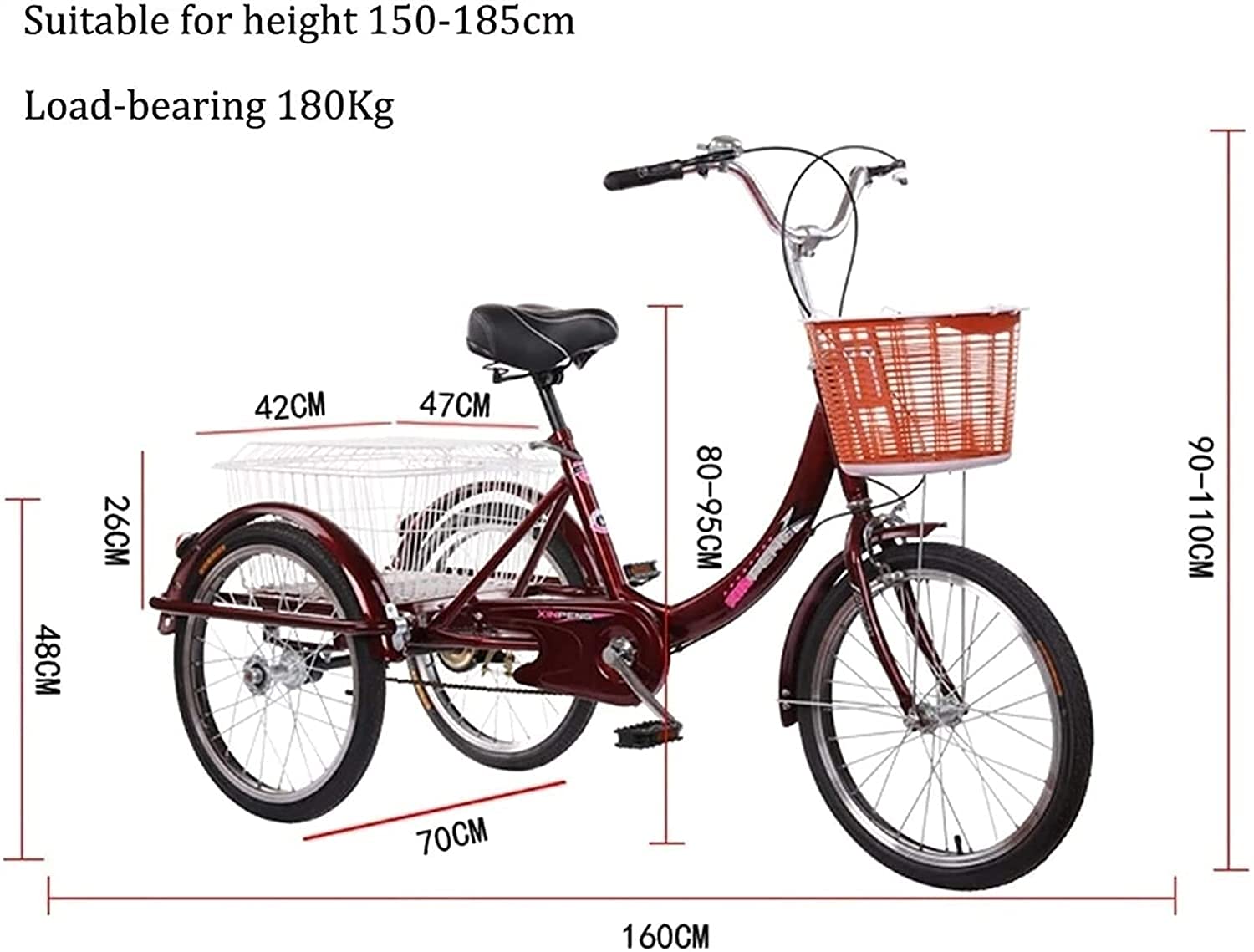 PAGOIAAR Adult Cargo Tricycles Beach Cruiser Bikes Shopping 3 Wheel Bikes Adult Tricycle Seniors, Trike 20 Inch Three-Wheeled with Large Size Basket for Recreation Shopping Men Women