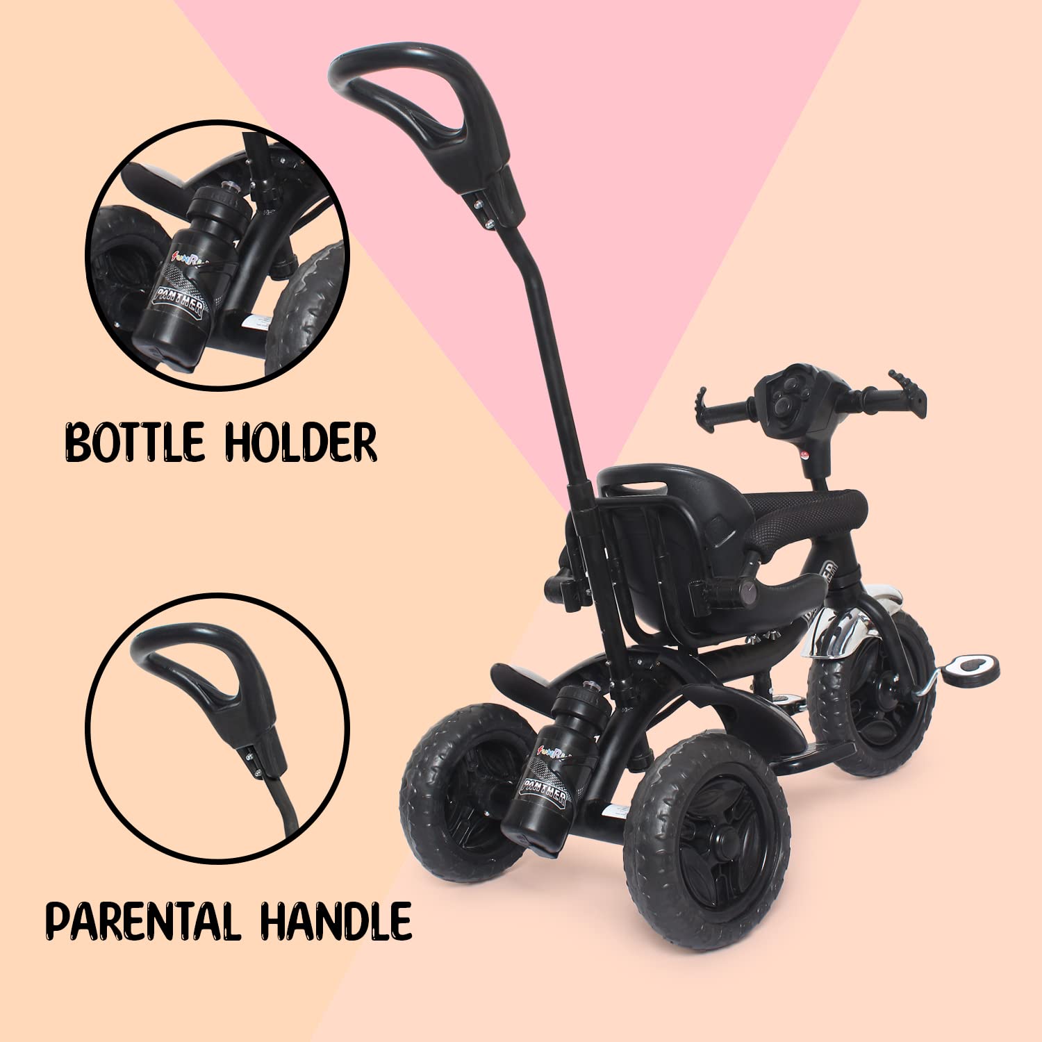 Fun Ride Kid's Tricycle Panther 2 in1 for 1 to 5 Years - Plug and Play Baby Trike with Music and Lights with Removable Parental Control Handle - Black (Weight - Upto 25 Kg) 1