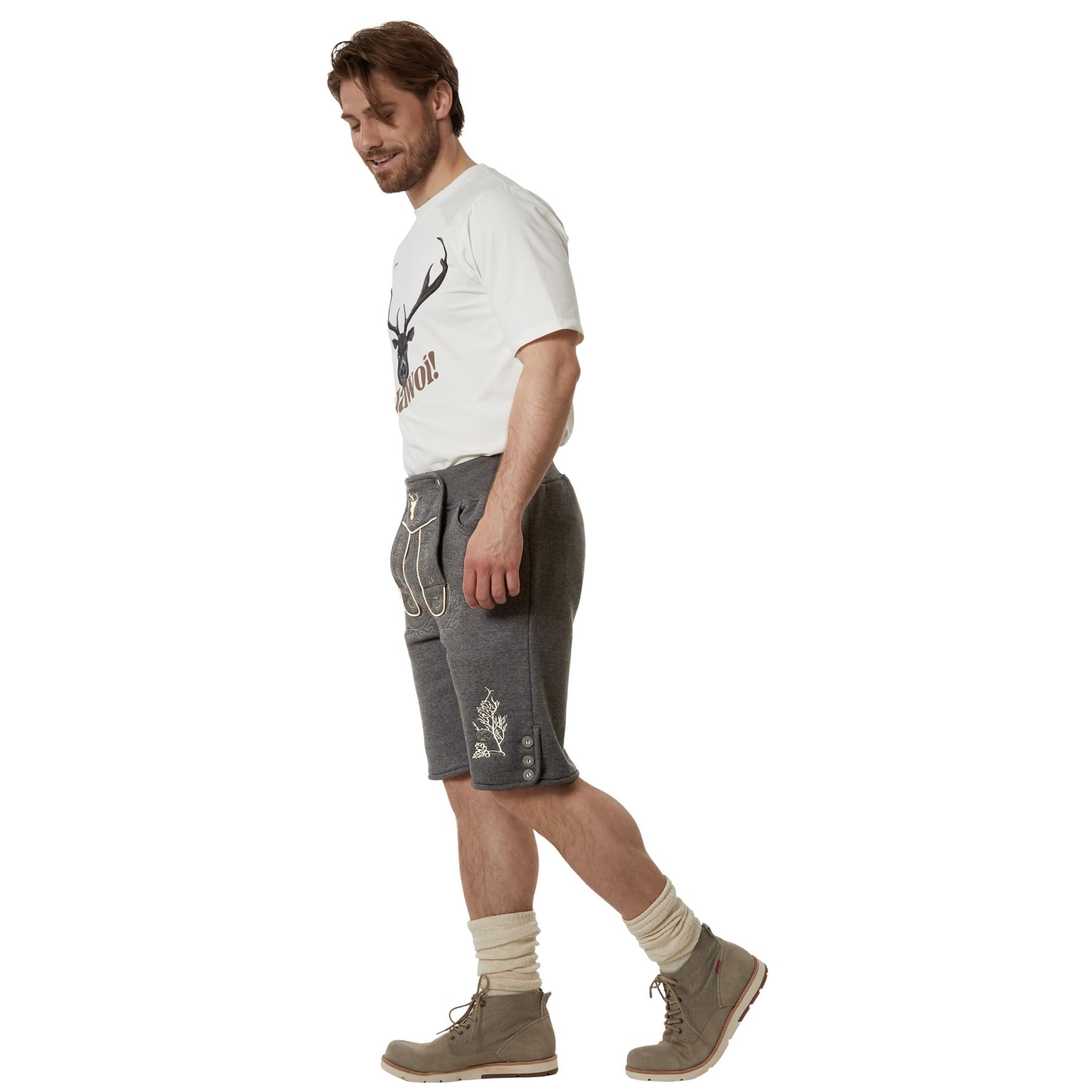 dressforfun Kurze Trachtenhose aus Fleece, vegane Lederhose, Tracht Herren, Trachten Lederhose Look ohne Leder, Vintage Optik mit authentischer Stickerei für Oktoberfest, Volksfest