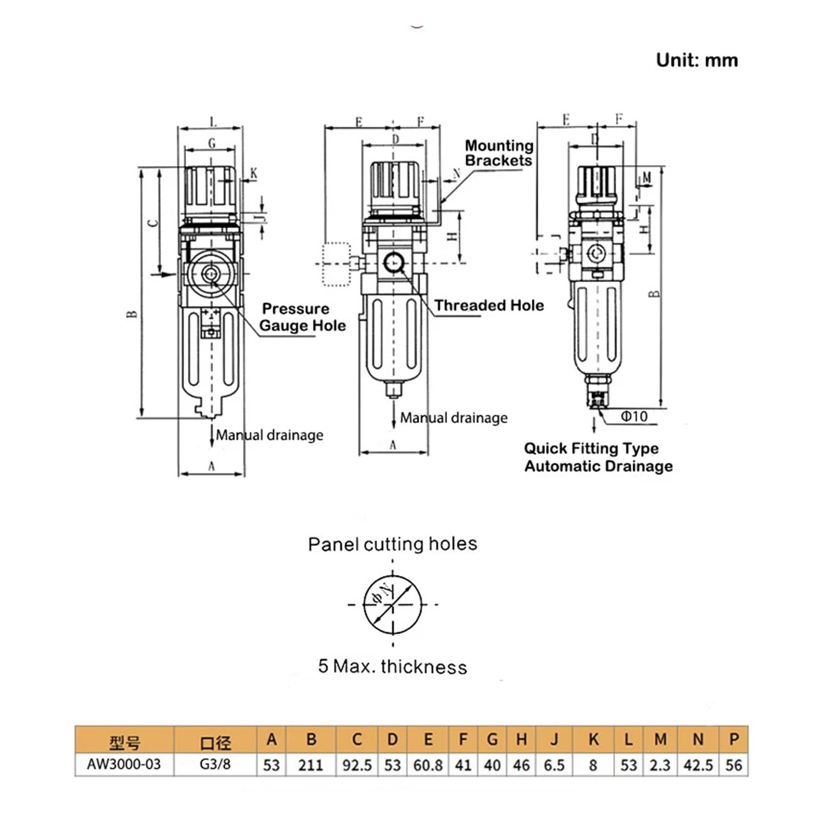 Filtro Separador de Aire, Aceite y Agua AW3000-03, G3/8'', regulador de presión de Aire, Controlador, Filtro de compresor neumático(Automatic,AW3000-03Fiber)