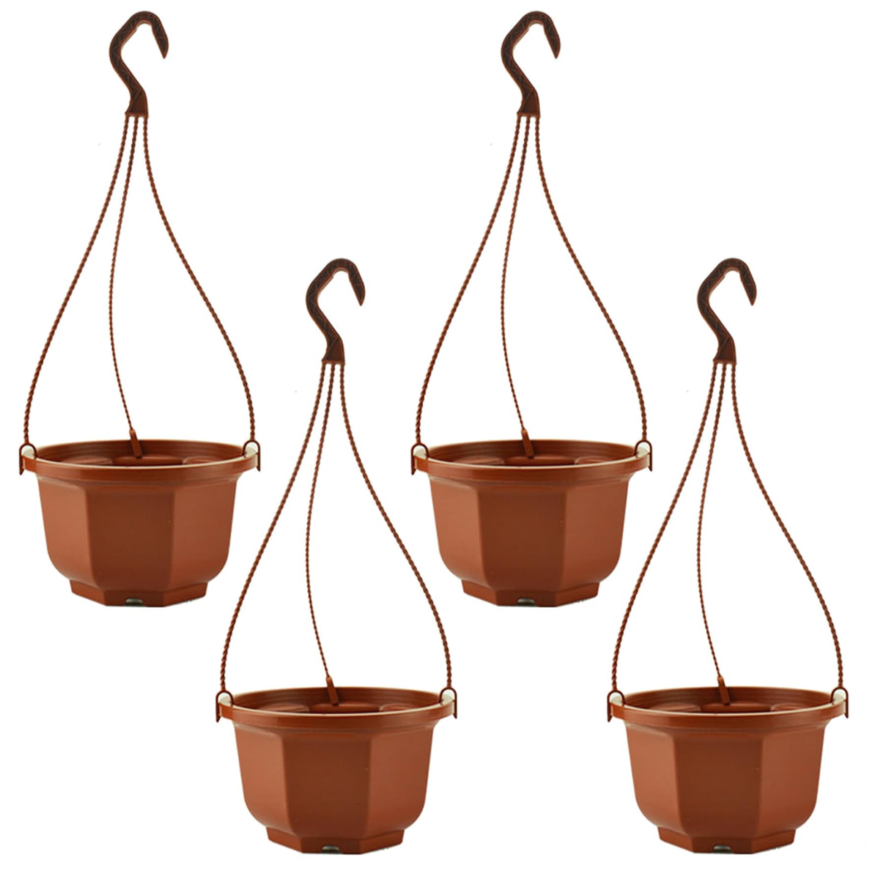 Wilafury Coffee Plastic Hanging Planter With Hooks, 4Pcs Hanging Baskets For Plants Outdoor & Indoor, Octagonal Orchid Basket For Garden, Porch, Balcony Decor