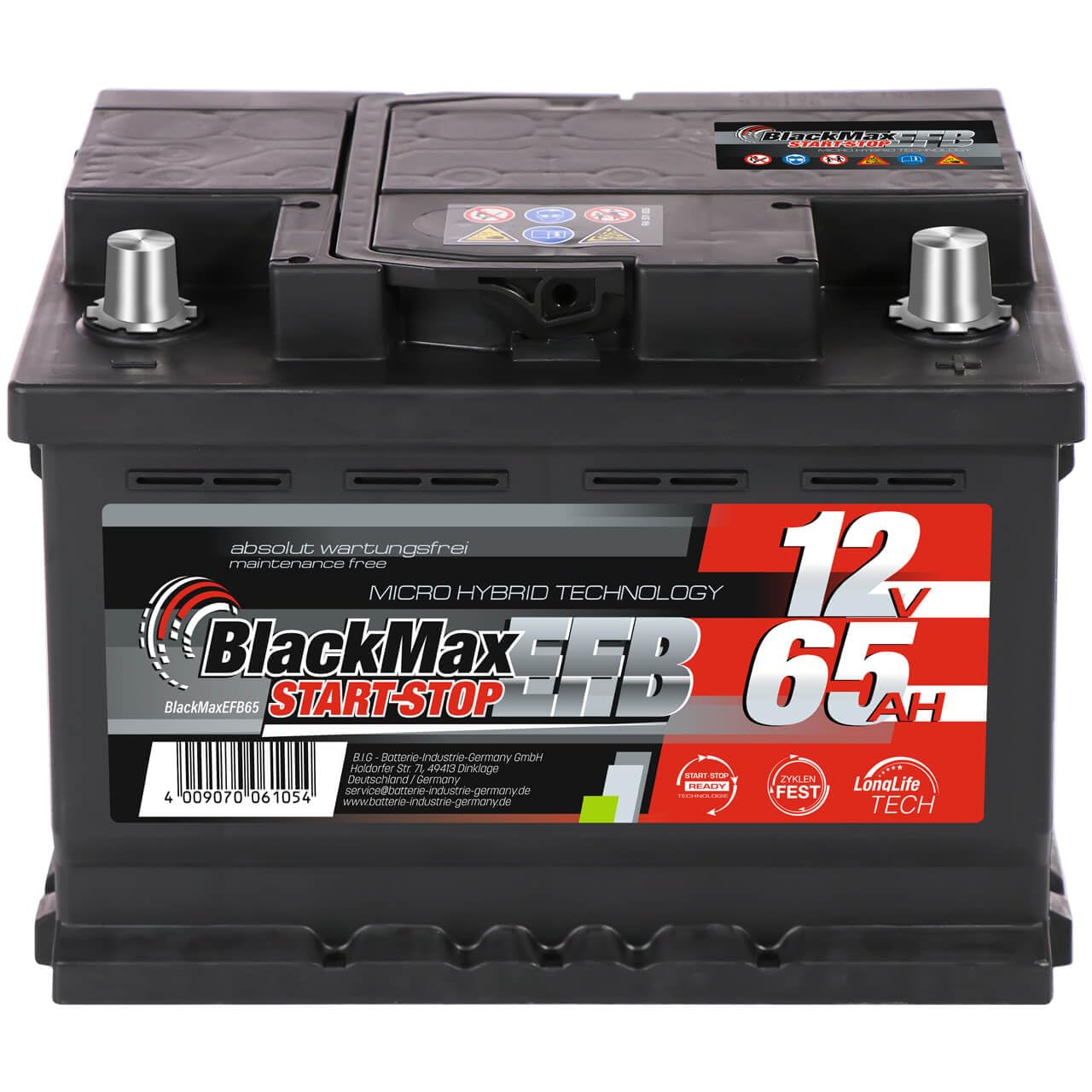 BlackMax EFB Start-Stop 65Ah 12V 600A/EN Autobatterie (L2) – Ersatz für 60Ah, 62Ah, 63Ah – Maße (LxBxH) 242x175x190 mm