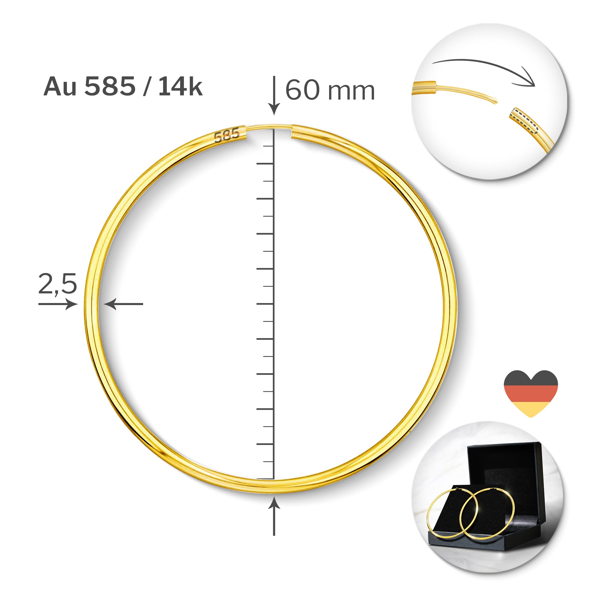 Creolen Gold 333 375 585 750 Echtgold 60 mm Damen Ohrringe Breite 2,5 mm Gelbgold mit Geschenkbox