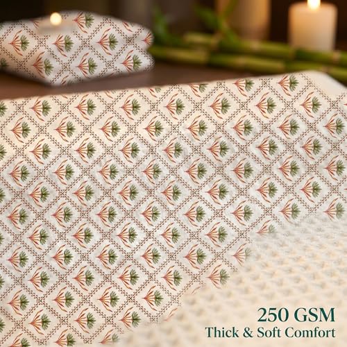 Image of Mafatlal Madhuban Lightweight Waffle Cotton Set (1 Bath 147x76 cm + 2 Hand 76x38 cm) | 250 GSM | Soft, Hand Printed Floral | Foliage Color