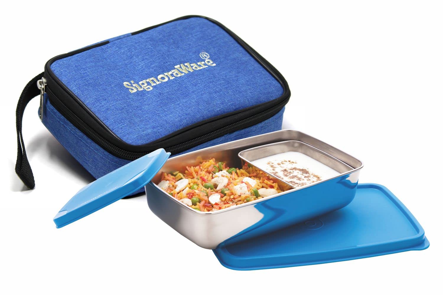 Signora Ware Compact Small Stainless Steel Lunch Box | Two Compartment Tiffin | Airtight Lid | Leak Proof | Useful for School,Picnics & Outdoor | Best for Office & School Use (150Ml + 550Ml | Blue)