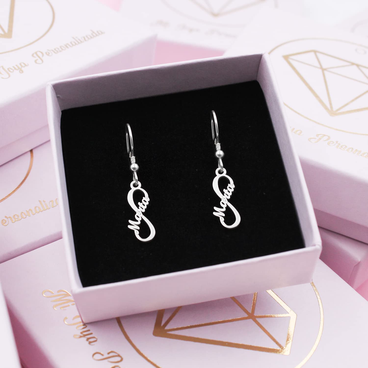 Pendientes Infinito Plata de Ley personalizado con Nombres de Hijos Nietos Sobrinos - Regalo para Madre Amiga Novia Esposa