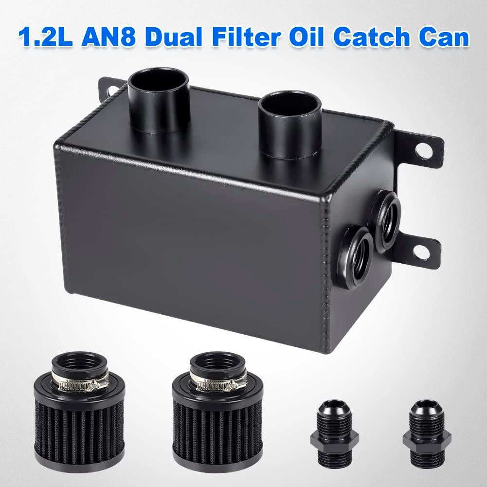 JDMON AN8 1.2L Dual Filter Engine Oil Catch Can Tank, Large Dual Breather Twin Baffle Oil Reservoir Tank, Black