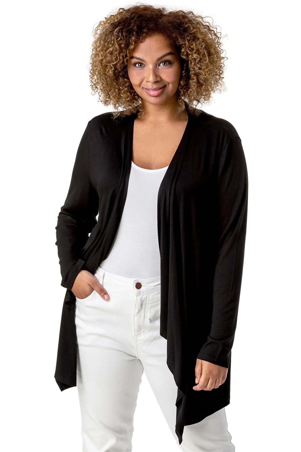 Roman Women's Black Curve Waterfall Front Jersey Cardigan In Size 22-24