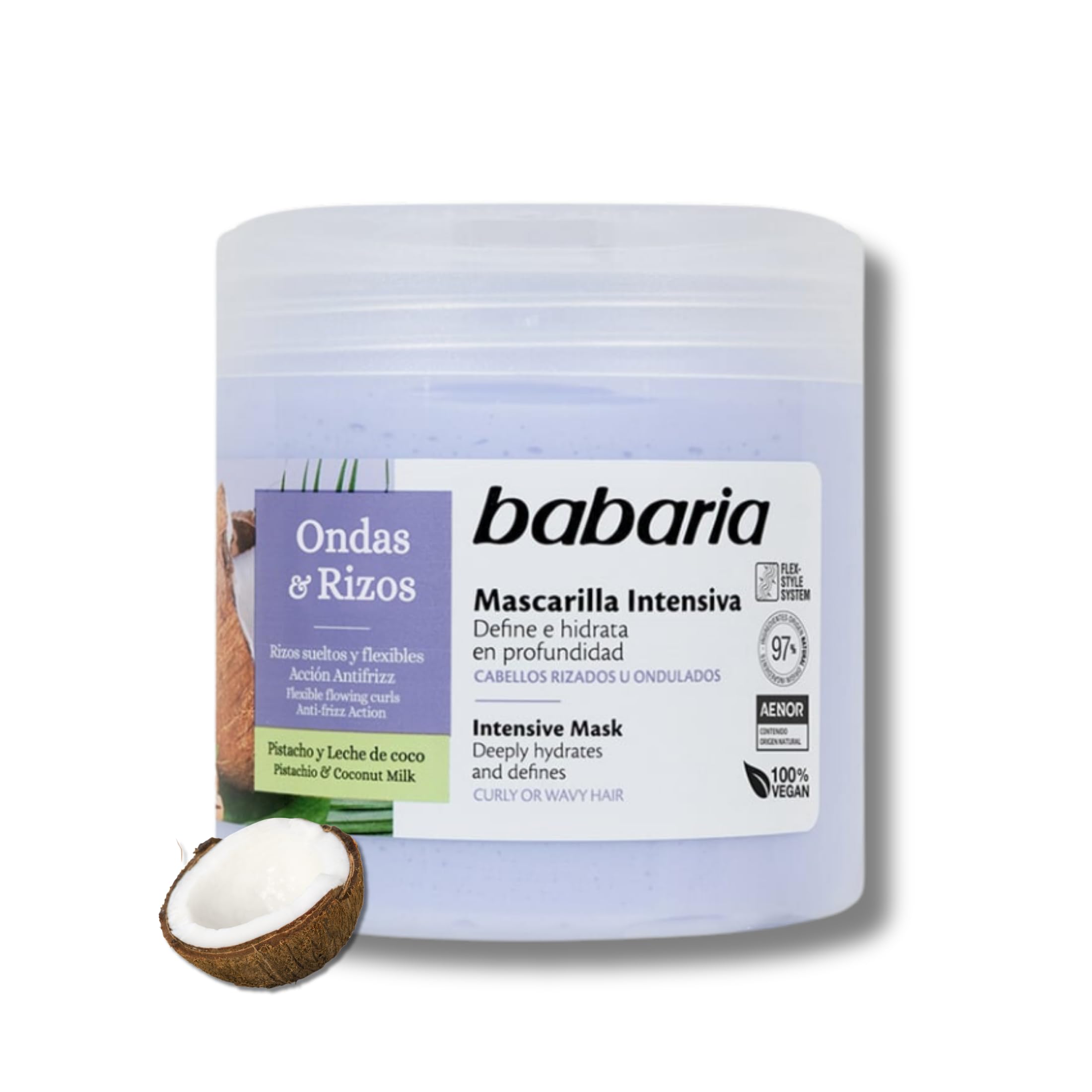 Babaria - Mascarilla Intensiva Only Curls, Define e Hidrata, con Pistacho y Leche de Coco, Acción Antifrizz, Vegano - 400 ml