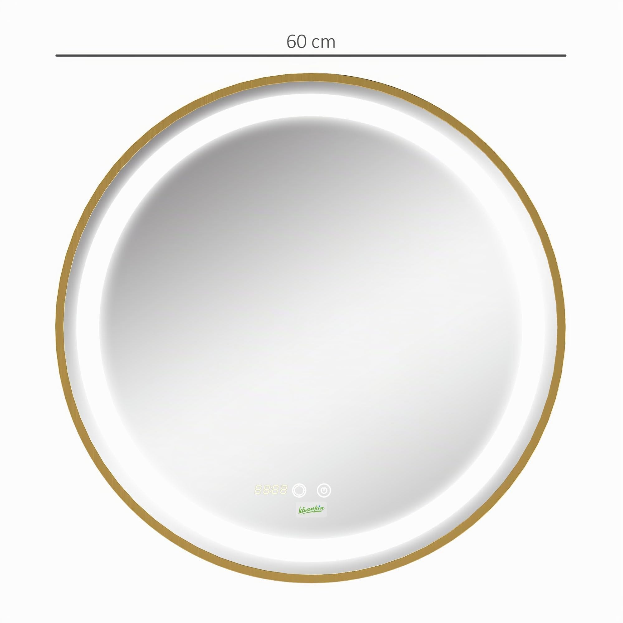 kleankin Espejo de Baño con Luz LED Ø60x4 cm Espejo Redondo 3 Luces Dorado | Interruptor Táctil, Ajustable, Visualización de Temperatura y Hora, Función de Memoria, Marco de Aluminio