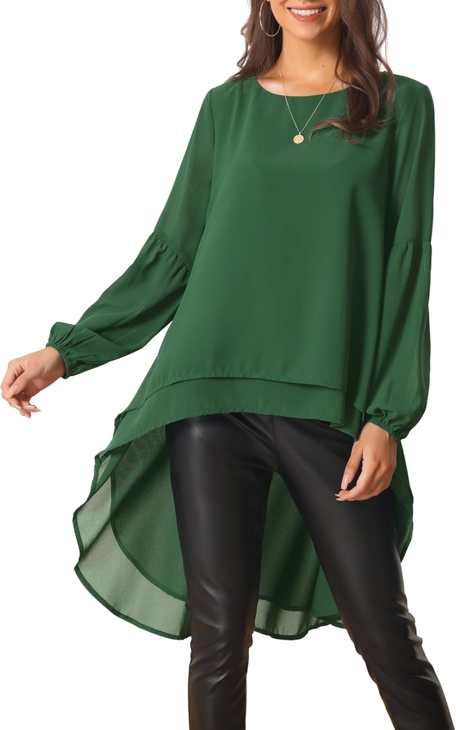 Seta T Women's High Low Tops Lantern Long Sleeve Round Neck Dressy Casual Chiffon Asymmetrical Tops Blouse