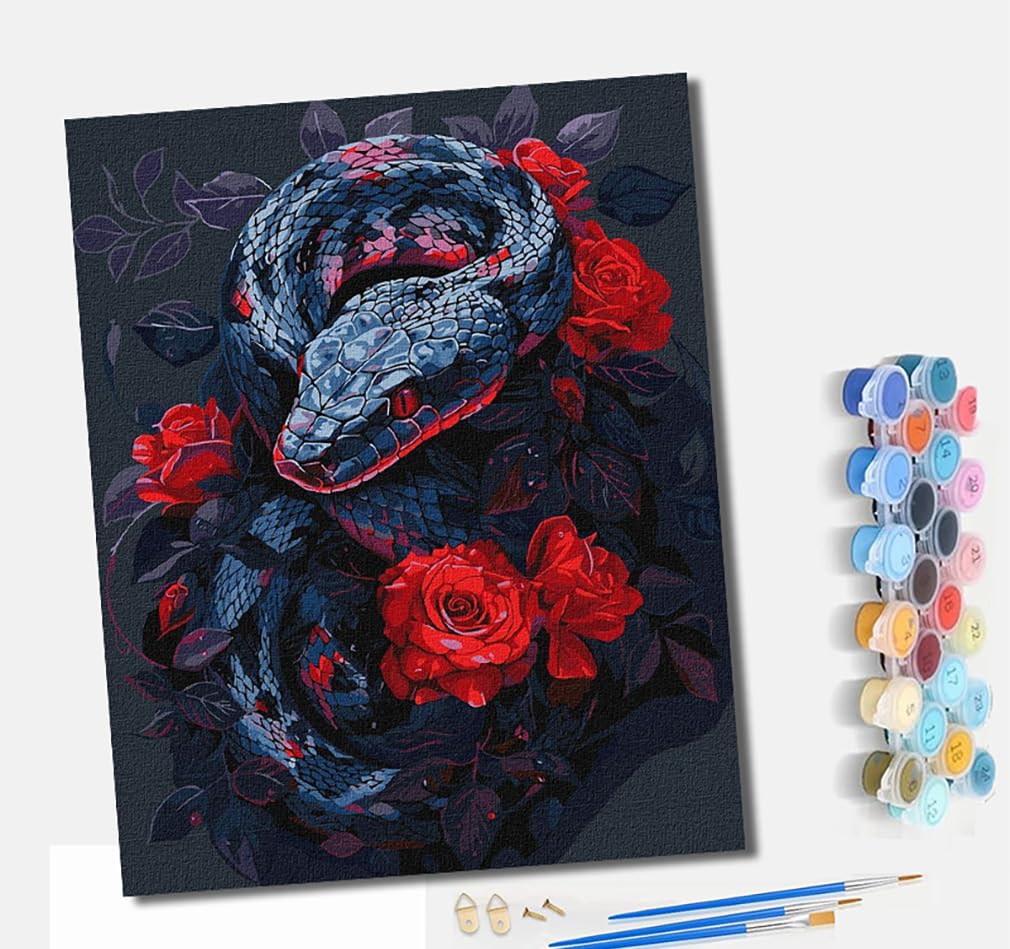 Mlnmeng Black/Red Paint By Numbers Kits For Adults Painting Kits For Beginners On Clear Symbols Colo Canvas Acrylic Pigment Drawing Paintwork For Home Wall Decor Frameless Snake And Rose