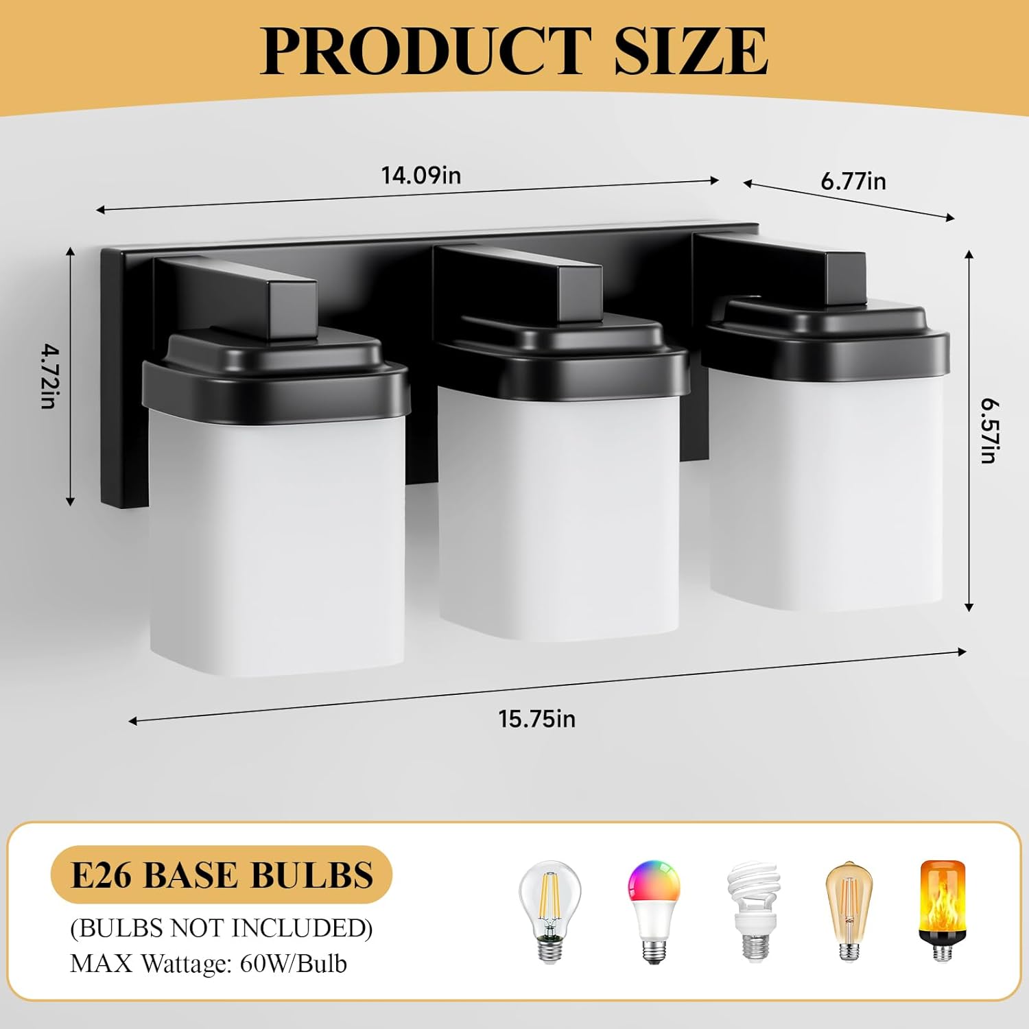 3-Light Black Bathroom Light Fixtures, Vanity Lights for Bathroom Mirror Lamp with Milky White Square Glass Shade, Modern Wall Sconce Light Kitchen Light Fixtures Led Vanity - E26 Base