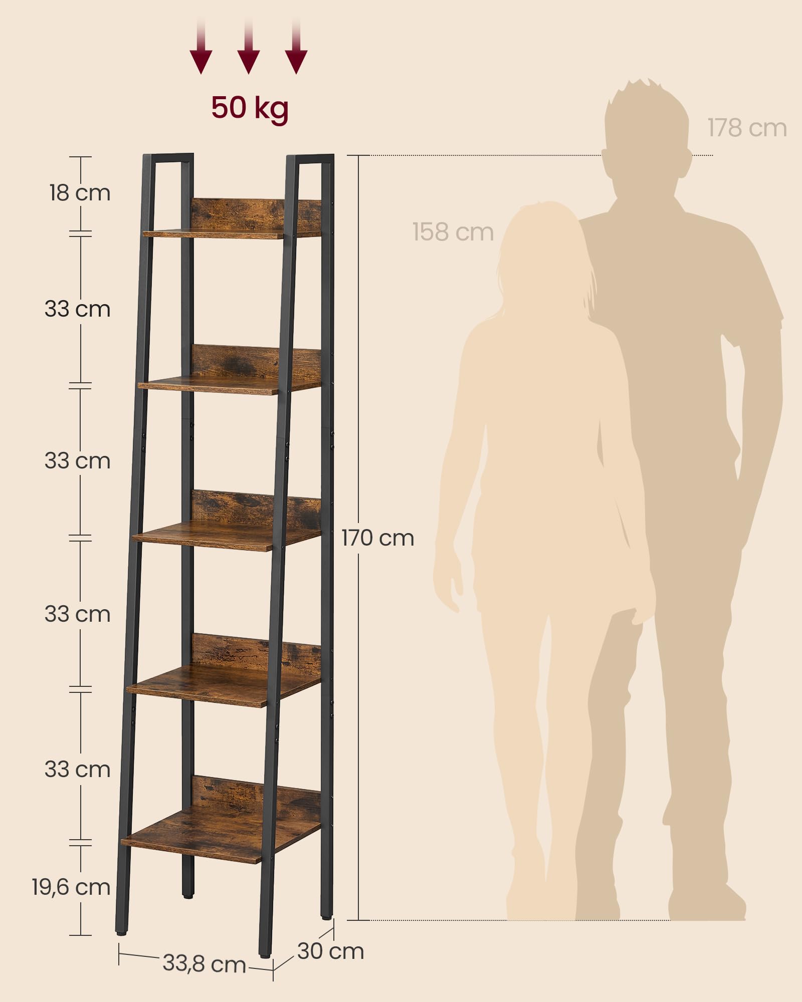 VASAGLE Estantería de Escalera, estantería de 5 Niveles, Mueble de Almacenamiento de pie, Oficina, Sala de Estar, Dormitorio, Cocina, Estilo Industrial, marrón rústico y Negro LLS109B01