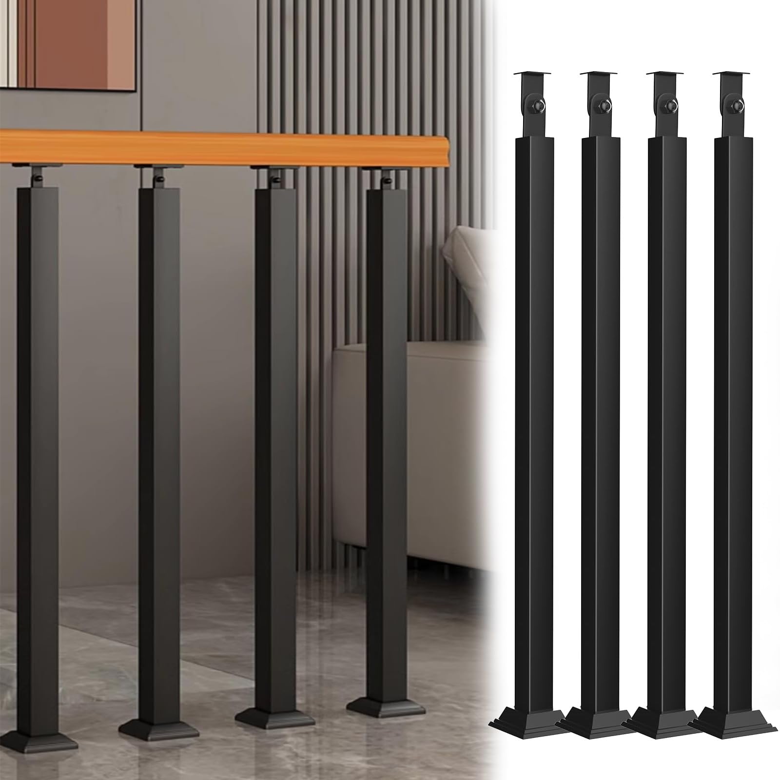 Zestawy balustrad schodowych, 4 sztuki czarnych metalowych słupków tralkowych, 105 cm, idealne na klatki schodowe, tarasy, balkony, schody tarasowe i dekoracje zewnętrzne.