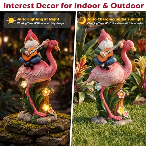 EXYGLO Solar Gnome Garden Statue Decor, 10" Gnome Riding Flamingo $12.49 AC - image 5