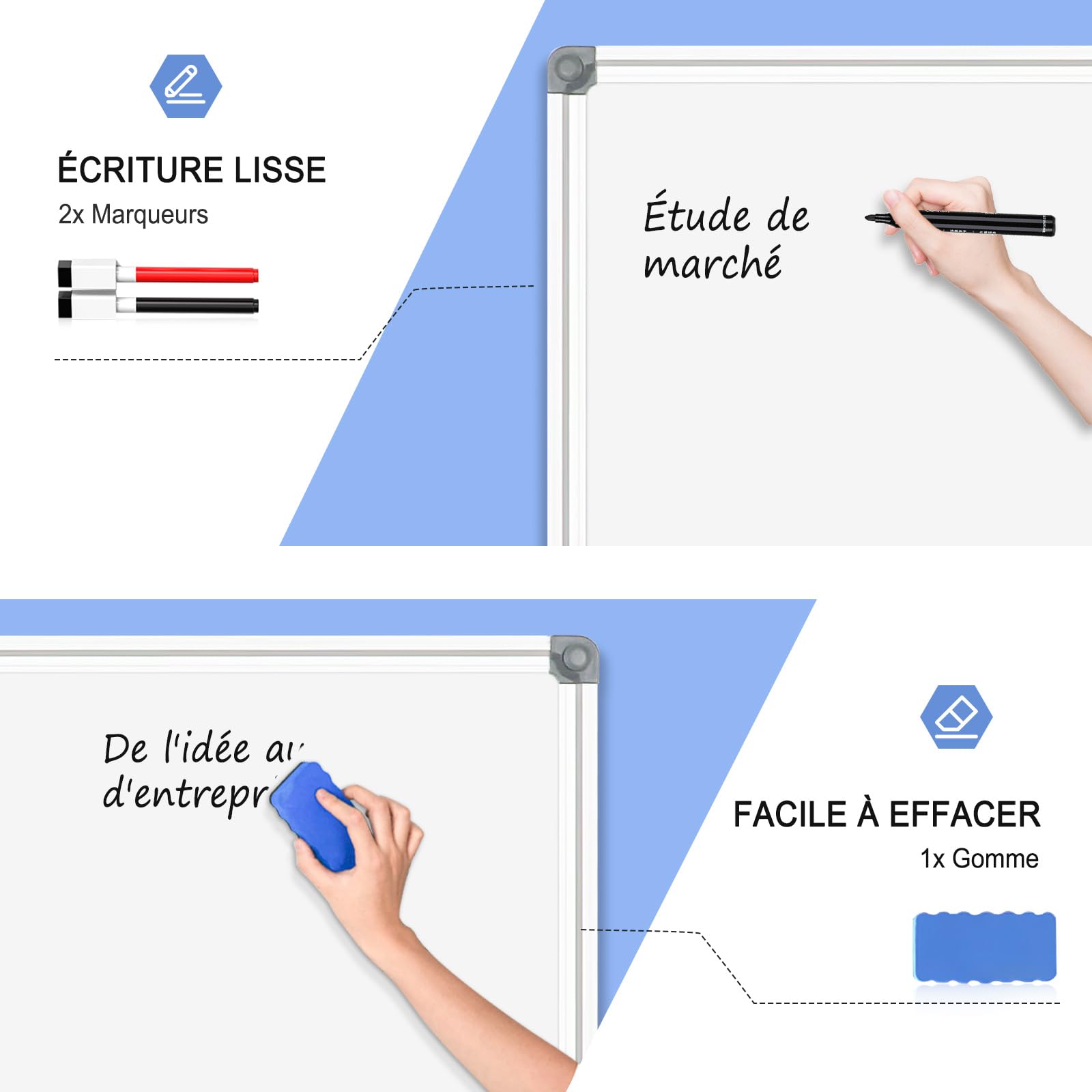 DOLLAR BOSS Tableau blanc magnétique 60 x 45 cm Whiteboard, tableau magnetique mural, tableau blanc effaçable à sec avec cadre en aluminium, porte-marqueurs et 2 marqueurs