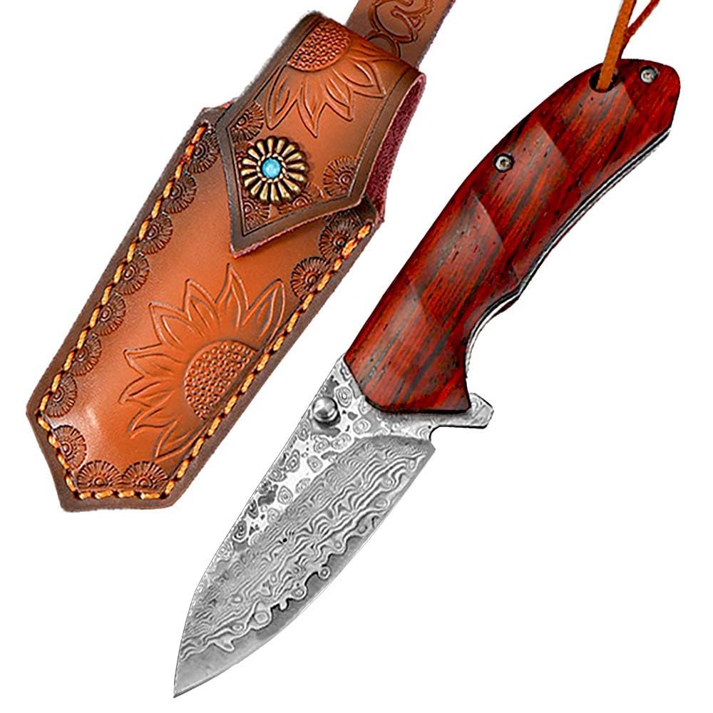 Klappmesser 6.9" Damast Taschenmesser Klein aus damaststahl, Sandelholz, Damaszener edelstahl, EDC Outdoor Messer, Survival Jagdmesser Scharfe Einhandmesser,Damascus neck knife tanto mit leder holster