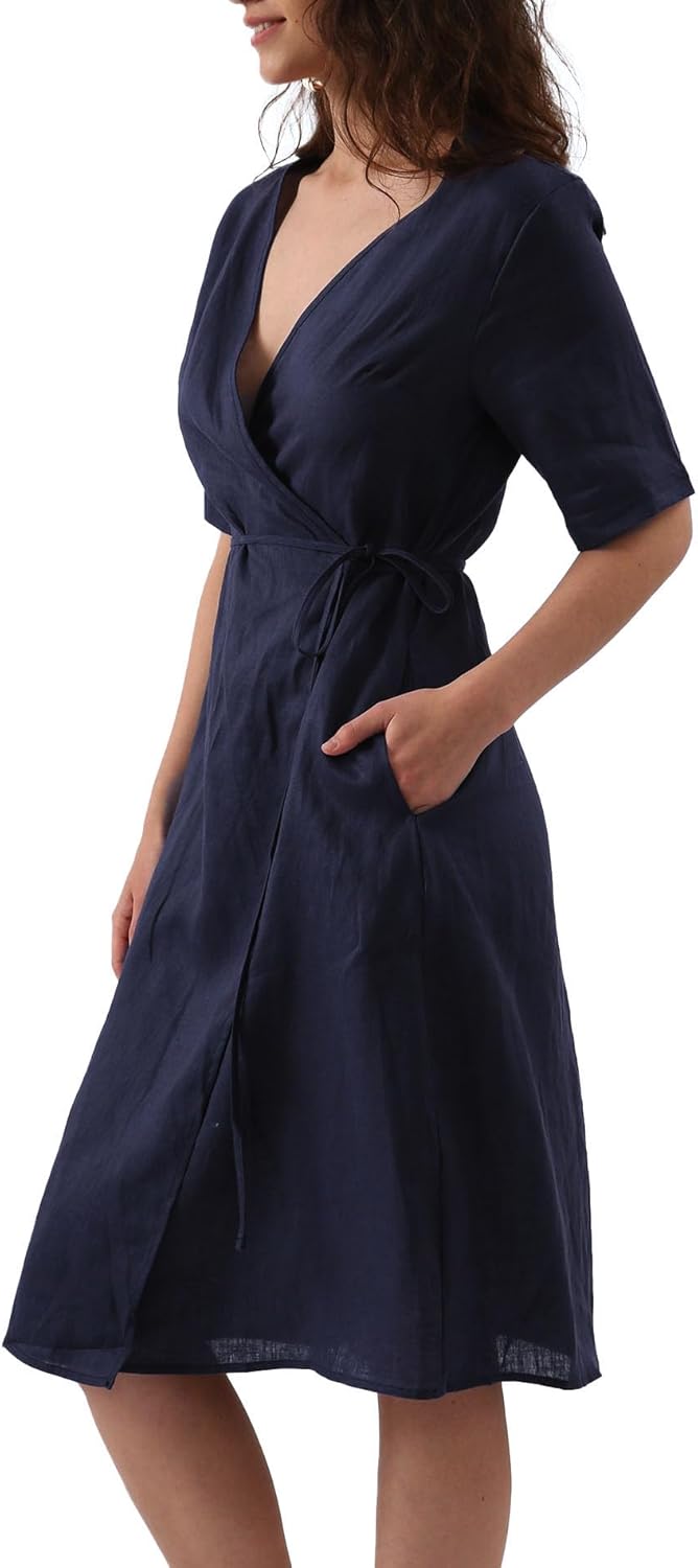 Amazhiyu Women's 100% Linen Summer Wrap Midi Dresses with Pockets Short Sleeve - Image 2