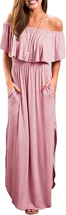 LILBETTER Womens Off The Shoulder Ruffle Party Dresses Side Split Beach Maxi Dress