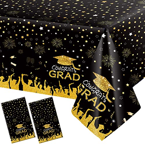 2 Pack Graduation Tablecloth Party Decorations 2026 Black and Gold Congrats Grad Table Covers 54x108 Inch Disposable Plastic Tablecover Waterproof for College High School Class of 2026 Graduate Supply
