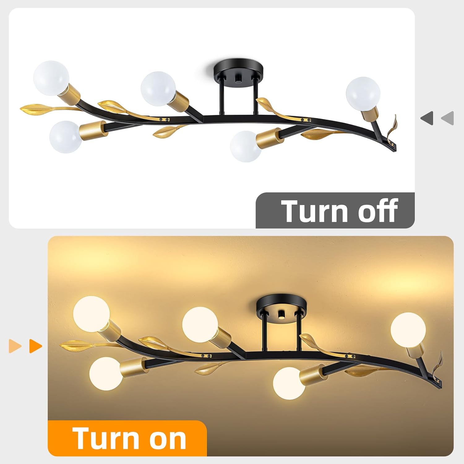 Modern Sputnik Ceiling Light Fixture,5-Lights Black and Gold Sputnik Chandeliers, Industrial Metal Semi Flush Mount Ceiling Light Fixture for Bedroom Hallway Entryway Kitchen