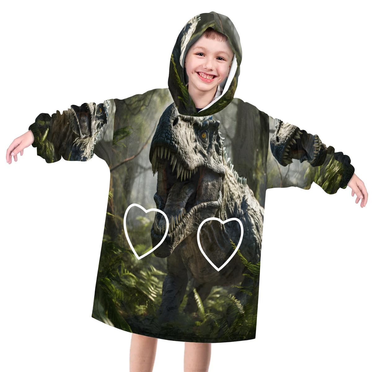 Pardick Wearable Blanket Hoodie for Kids, Ferocious Dinosaurs Fleece Sweatshirt Blanket Oversized Blanket Sweatshirt with Pocket Flannel Warm Hooded Blanket 6-10 Year Old Girl Boy Gift, One Size