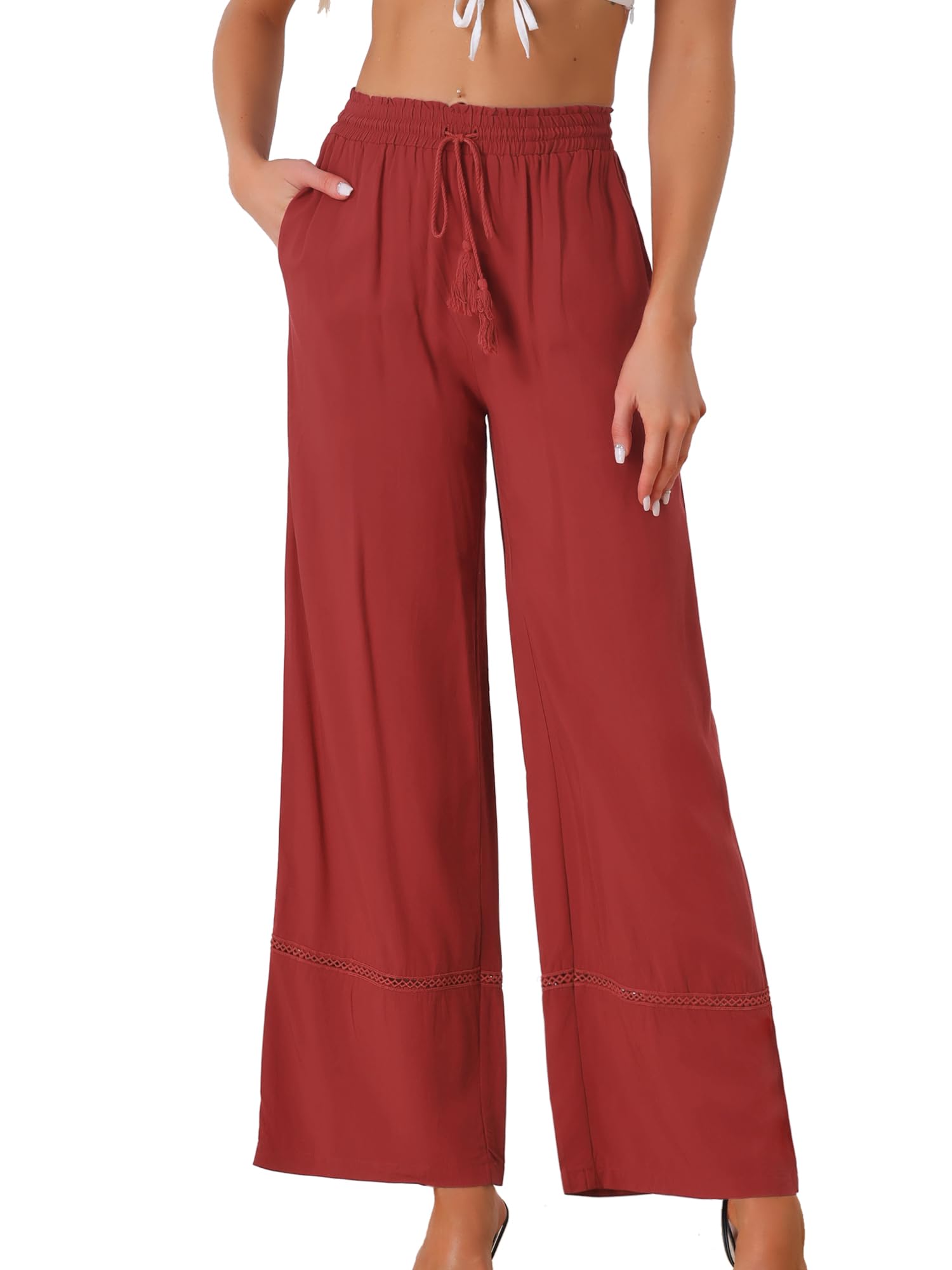 Allegra K Womens 2025 Summer Casual Pants Loose High Waist Drawstring Wide Leg Palazzo Trousers with Pockets