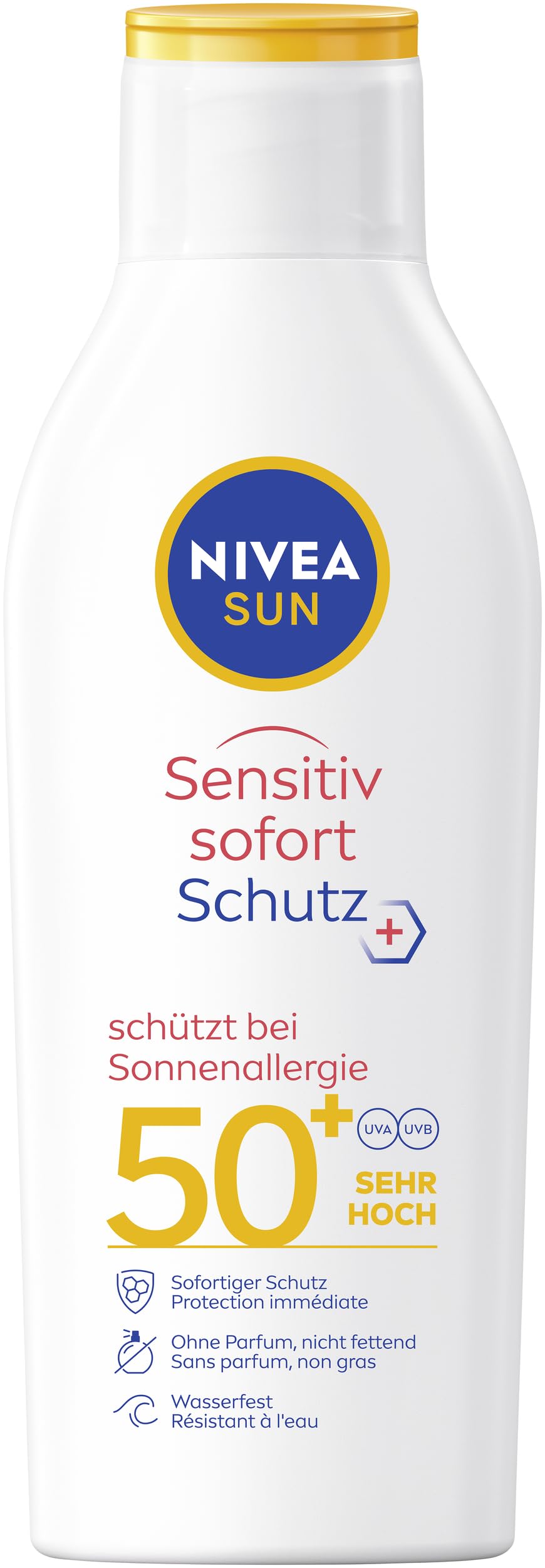 NIVEA SUN Sensitiv Sofortschutz Sonnenlotion LSF 50+, Sonnencreme mit LSF 50+ für empfindliche Haut, wasserfester & parfümfreier Sonnenschutz bei Sonnenallergie (200 ml)