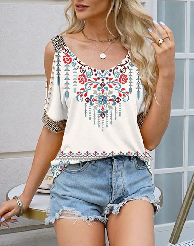 Womens Cold Shoulder Tops with Sequins V Neck Short Sleeve T Shirts Casual Loose Fit Basic Tee - Image 3