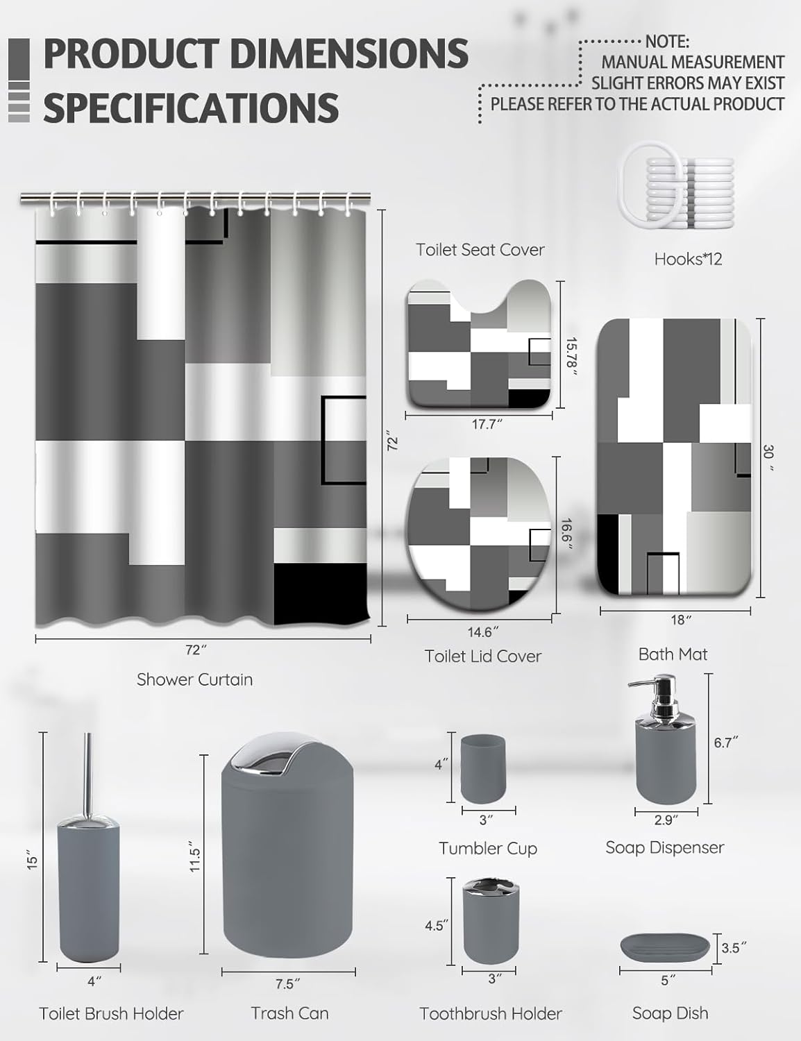 Lnond Grey Bathroom Set, 22-Piece Orange Geometry Bathroom Decor Set with with Shower Curtain and Rugs, Trash Can, Toilet Brush Holder Set & Soap Dispenser
