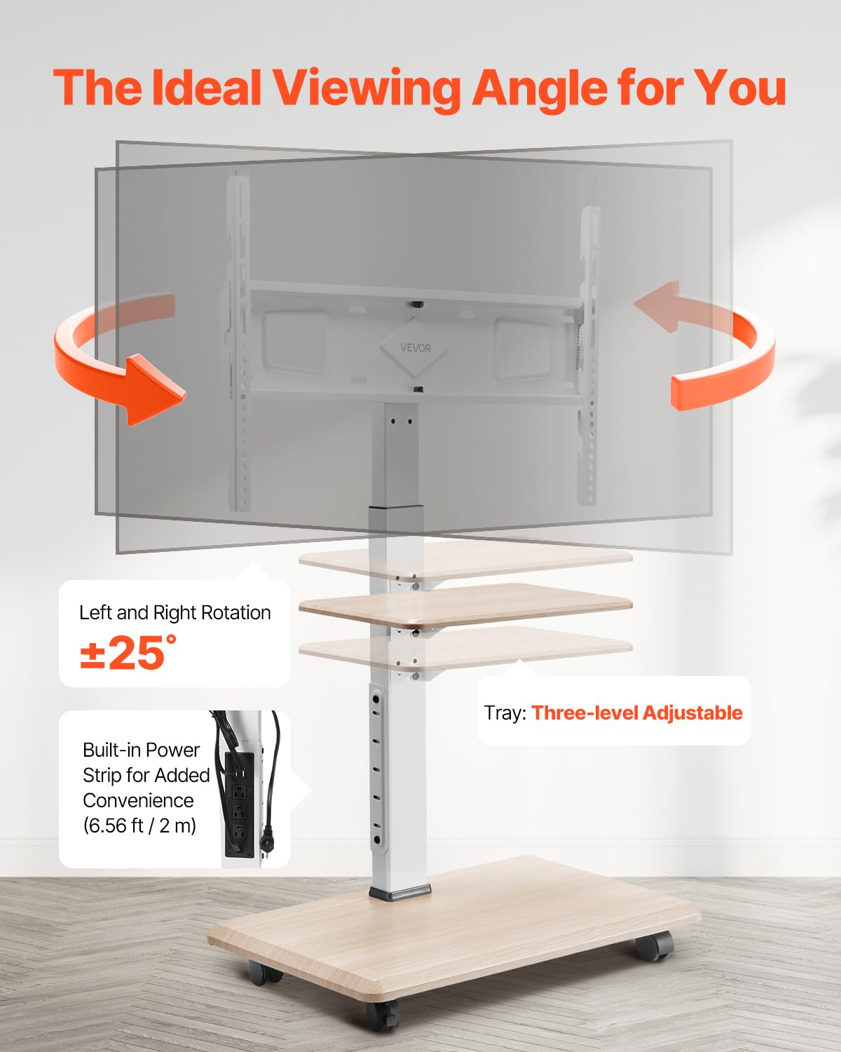 VEVOR rollbarer TV-Ständer Fernsehständer für 812,8-1778 mm TVs bis zu 40 kg, 25° Links-Rechts-Drehung & höhenverstellbare TV-Halterung mit Ablage für Schlafzimmer Wohnzimmer (max. 600 x 400 mm)