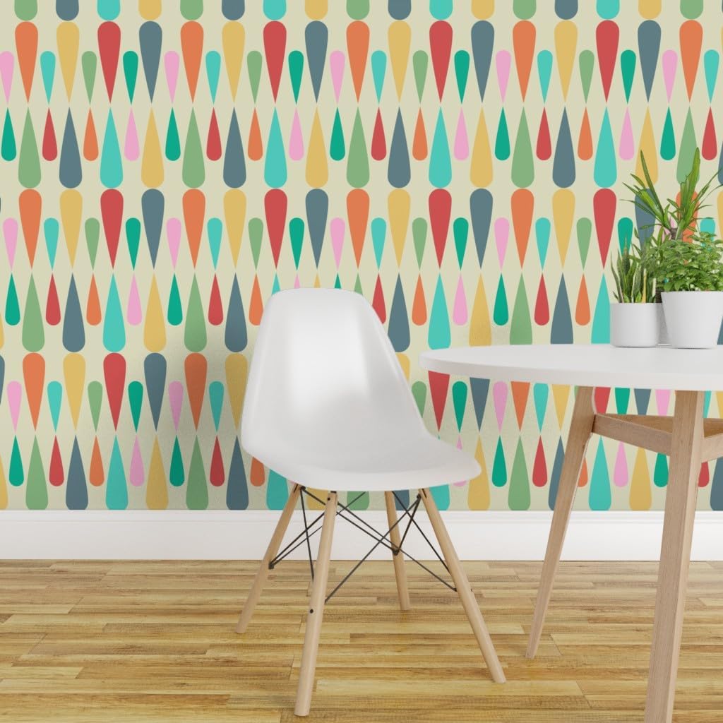 Spoonflower Removable Wallpaper 3ft x 2ft - Retro Mid Century Vintage Pattern Colorful Droplets Custom Pre-Pasted Wallpaper