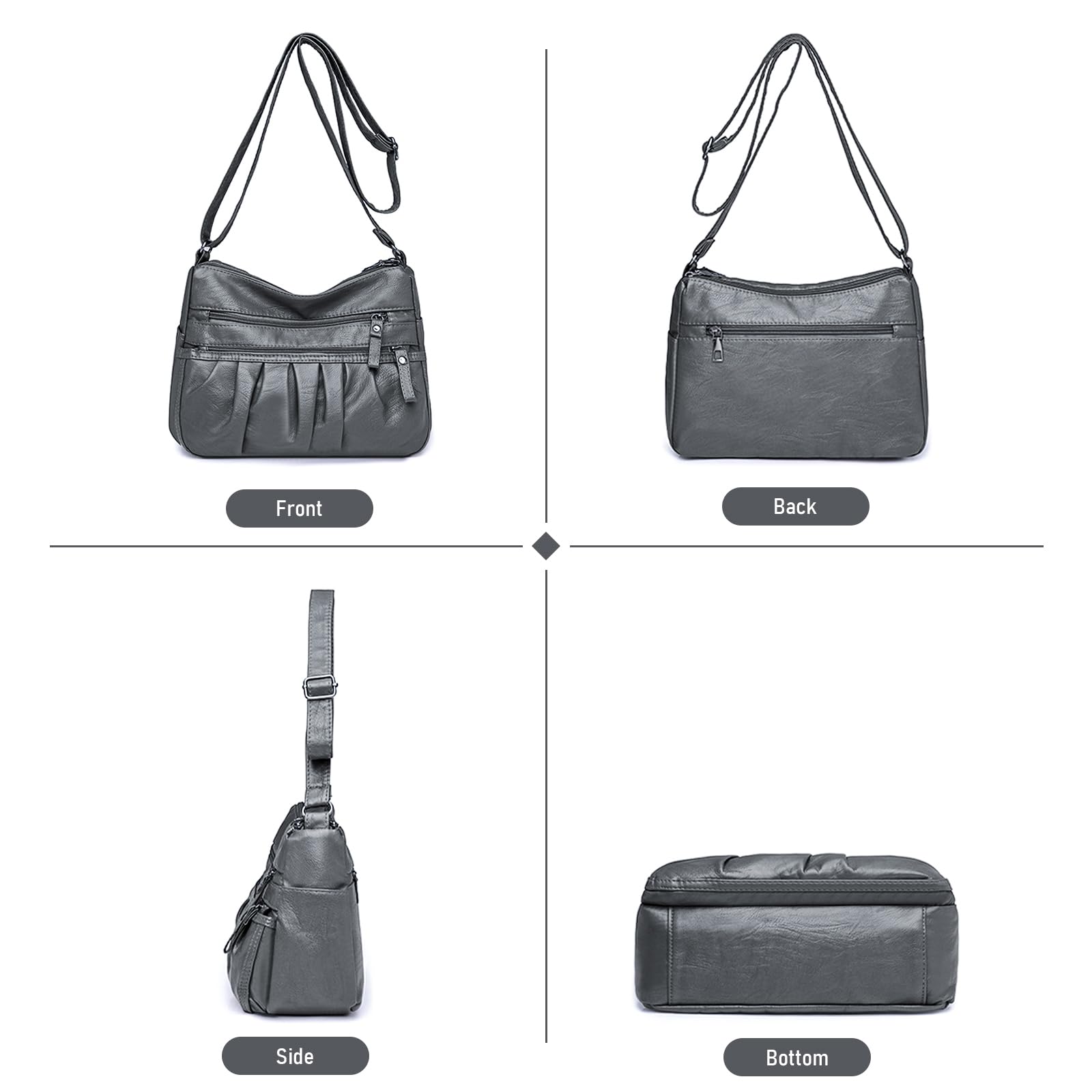 WITERY Crossbody Bag for Women - Soft PU Leather Multi-Pocket Shoulder Handbags Pocketbooks, Ladies Ruched Medium Crossbody Bag Hobo Tote for Shopping or Travel