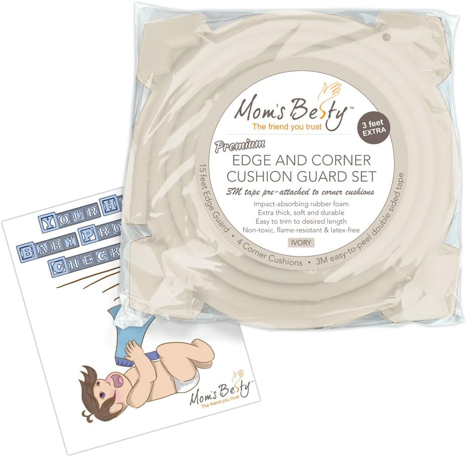 Mom's Besty Extra Dense Child Safety Protectors & Furniture Bumpers Set – 16.2 Ft. Total Coverage (15 Ft. Edge & 4 Taped Corner Guards) - Ivory White - Free Home Baby Proofing Checklist