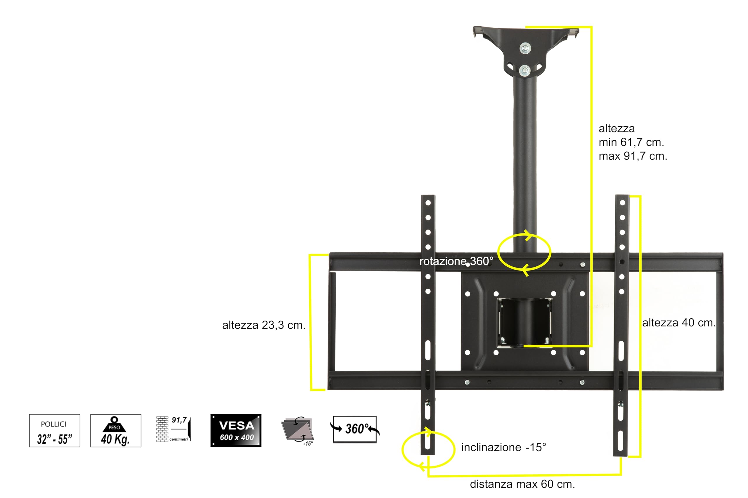 Link LKBR35 Braccio Telescopico da Soffitto per TV da 32" a 55" – Fino a 40 kg – Compatibile VESA 75x75, 400x400 – Orientamento Verticale -15° e Rotazione 360° – Estensione 617-917 mm – Colore Nero