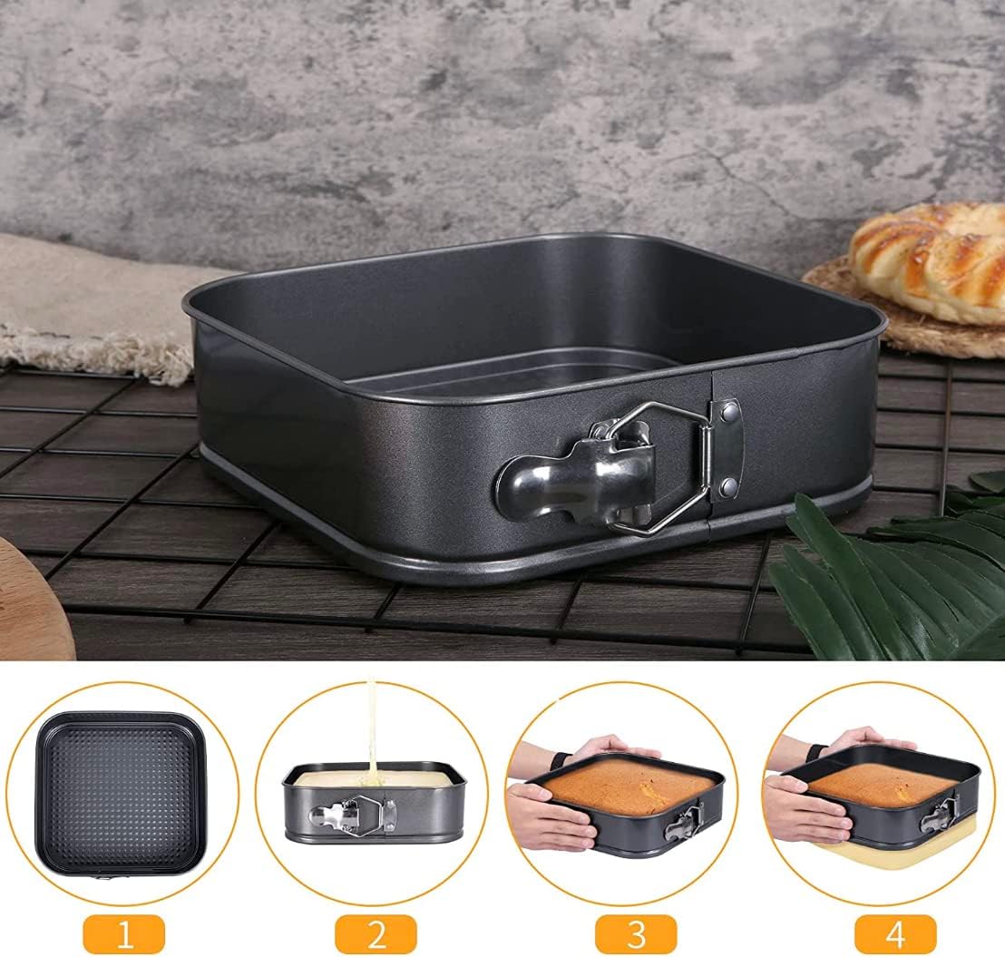 Cake Square Pan Sets for Baking + Cake Decorating Supplies: 4 Non-Stick Springform Pans Set (8.5,9.5, 10, 11 inches), Icing Tips, Cake Leveler – Multi-functional Leak-Proof CheeseCake Pan & eBook