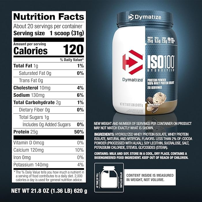 Image of Dymatize ISO100 Whey Protein Powder Isolate, Cookies & Cream, 25g of Protein, 20 Servings, 5.5g BCAAs, Less Than 120 Cal., Gluten Free, 1g Fat, 1g Sugar, 2g Carb