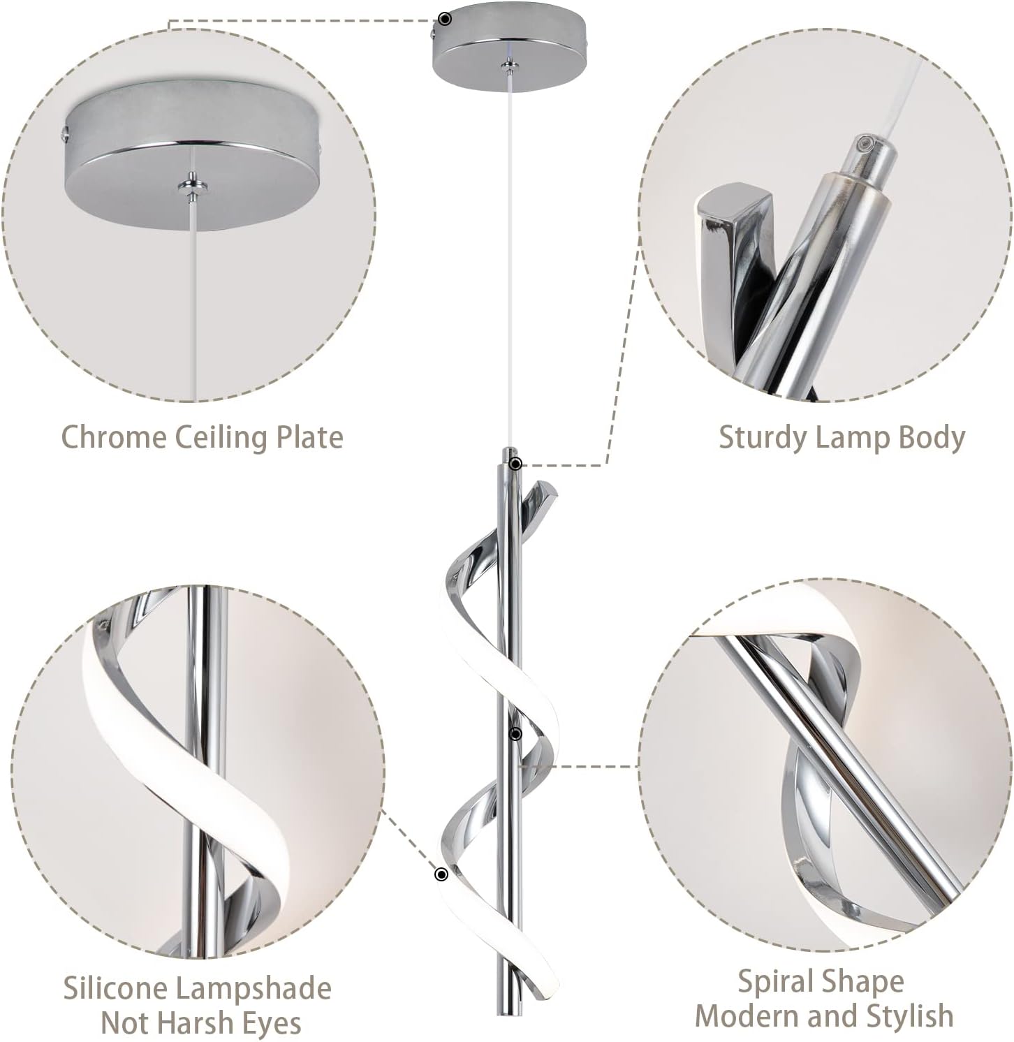 CANEOE Modern Led Pendant Light Fixture, 5500K Cool White Spiral Integrated LED Hanging Lamp, Adjustable Height Island Light Fixture for Kitchen Sink Living Room Dining Room Bedroom,1 Pack