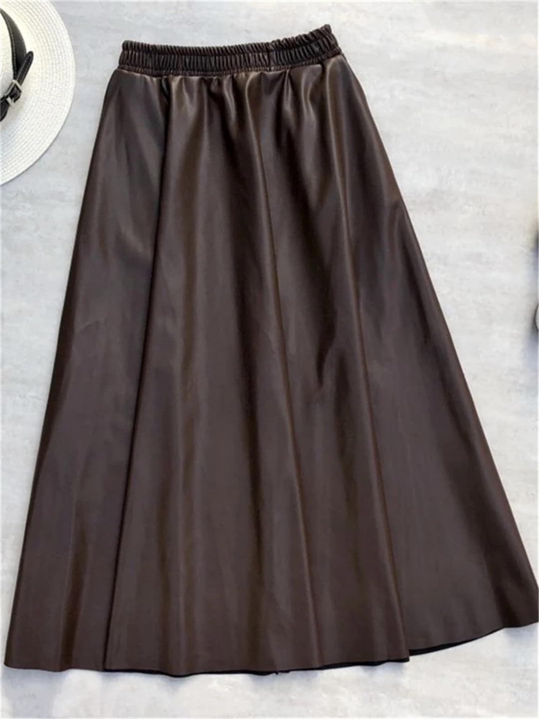 Wjnvfioo Faldas largas de cuero de la PU de las mujeres otoño invierno elástico cintura alta vintage A-Line Faldas