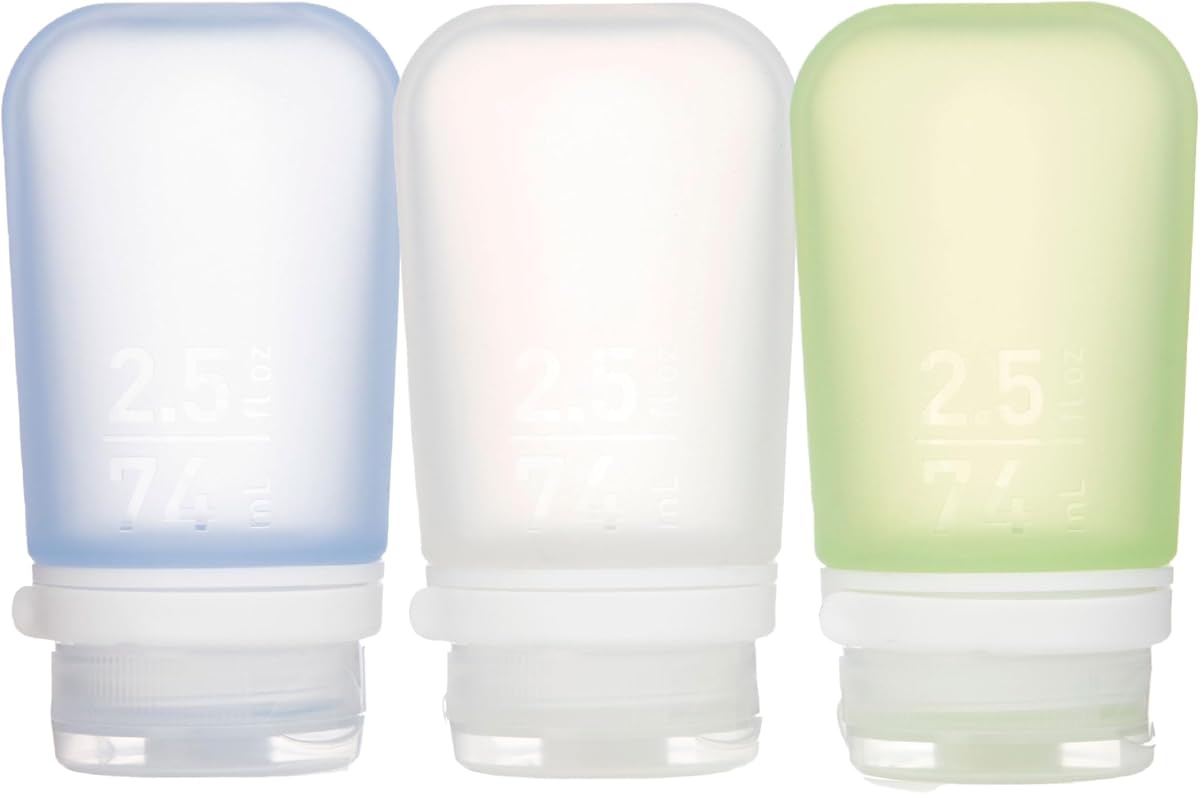 GoToob+ 3-Pack, Medium (2.5 fl oz), Clear/Green/Blue | Refillable & Leak-Proof Silicone Travel Size Bottles with Locking Cap for Toiletries, Camping & TSA Carry-On