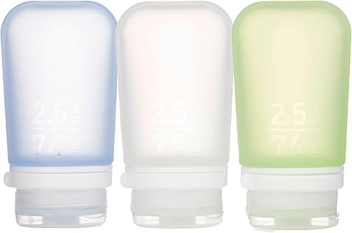 humangear GoToob+ - Paquete de 3 botellas de viaje de silicona recargable, tapa de bloqueo, material seguro para alimentos, transparenteverdeazul,