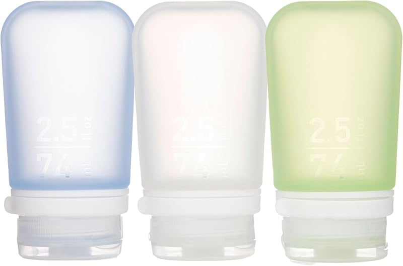 GoToob+ 3-Pack, Medium (2.5 fl oz), Clear/Green/Blue | Refillable & Leak-Proof Silicone Travel Size Bottles with Locking Cap for Toiletries, Camping & TSA Carry-On